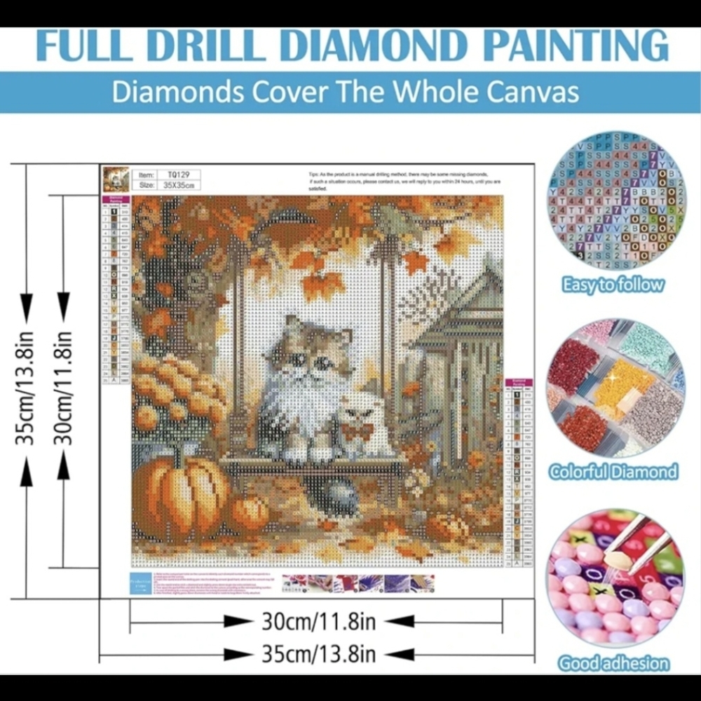 Fall Pumpkin Flowers Leaves Kitty Cats 5D Diamond Painting Kit New - Picture 5 of 7
